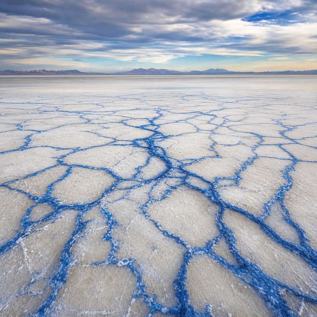Blue crack patterns spreading across a pale salt flat under a cloudy sky