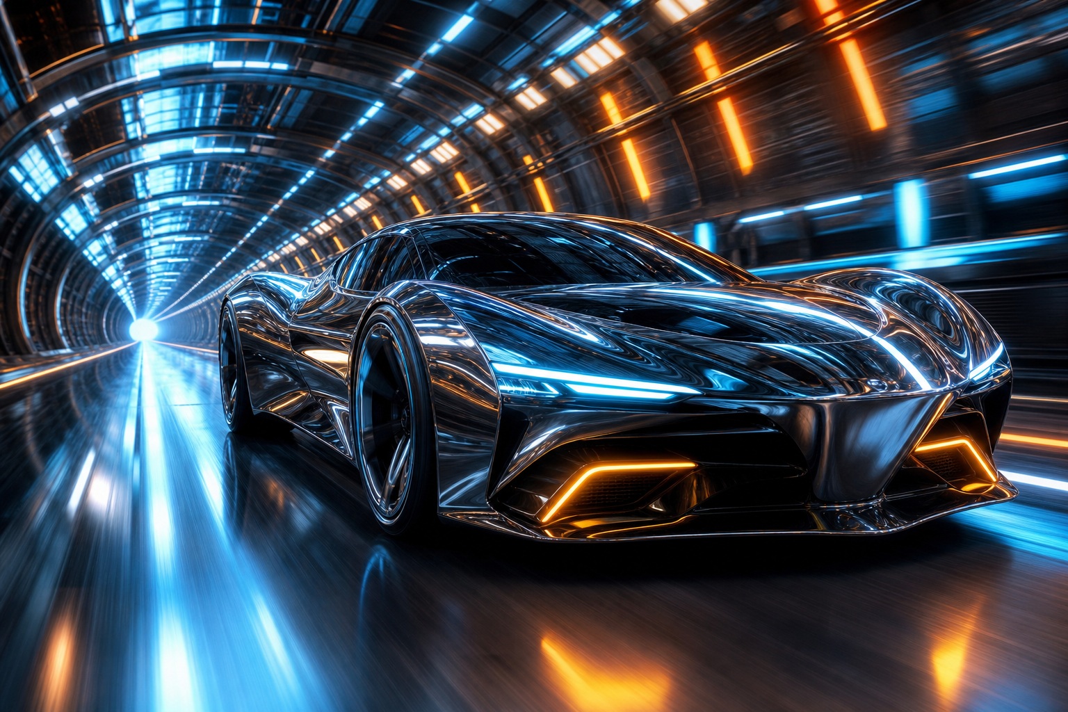 Chrome concept car driving through a glowing futuristic tunnel