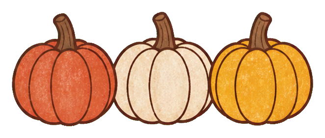 Three illustrated pumpkins in orange, cream, and golden yellow.