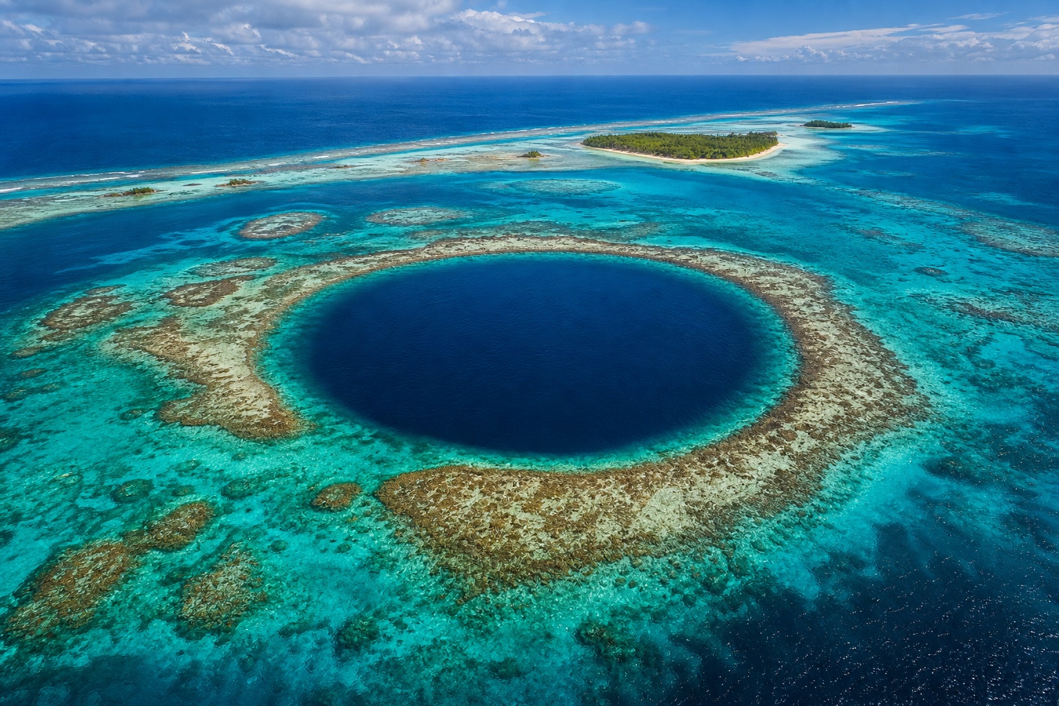Aerial view of a deep blue hole surrounded by turquoise tropical water and reef