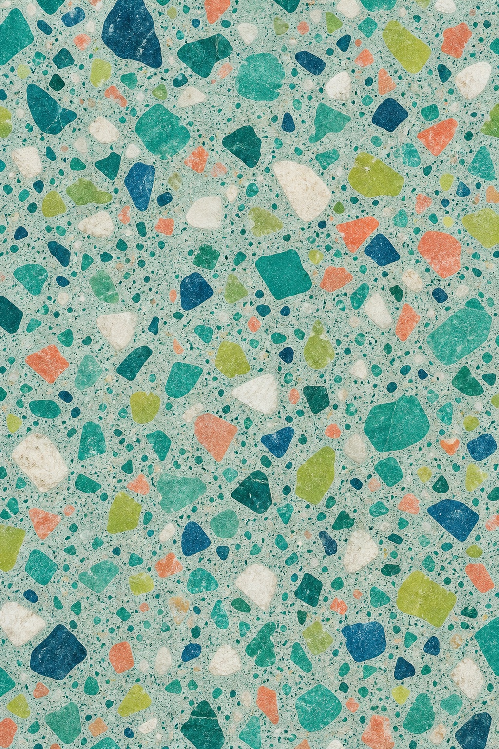 Tropical green terrazzo pattern with mixed colorful chips and scattered stone pieces