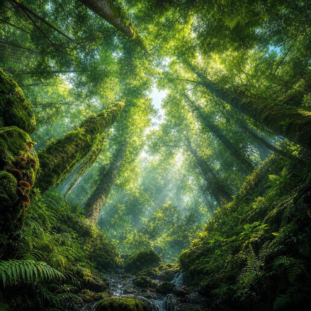 Sunbeams shining through a lush square forest canopy with mist and dense greenery