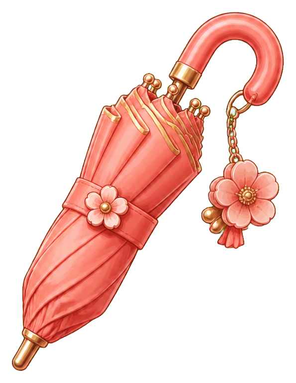 Pink umbrella with a hanging flower charm and blossom details