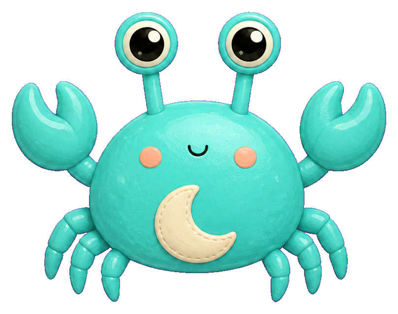 Cute aqua crab-like alien with big eyes, moon on its body, and raised claws.