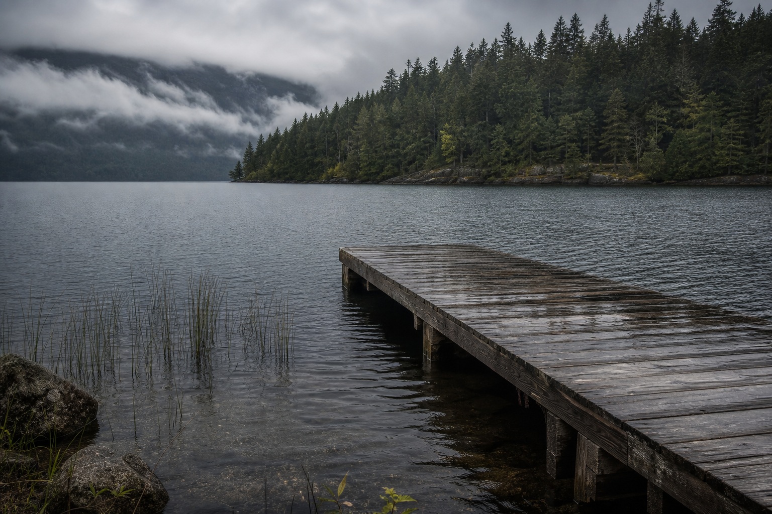 Wooden dock extending into a foggy lake with mountains and dark trees in the distance.