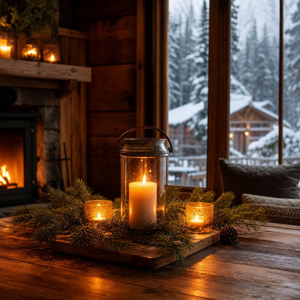 Candlelit wooden table in a cozy cabin interior with fireplace and snowy window view