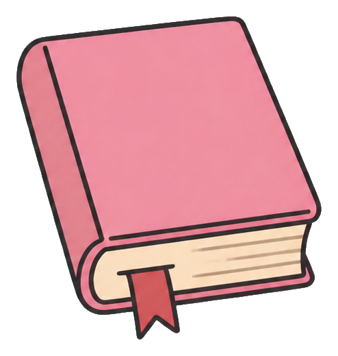 Pink hardcover book with a ribbon bookmark in simple sticker style