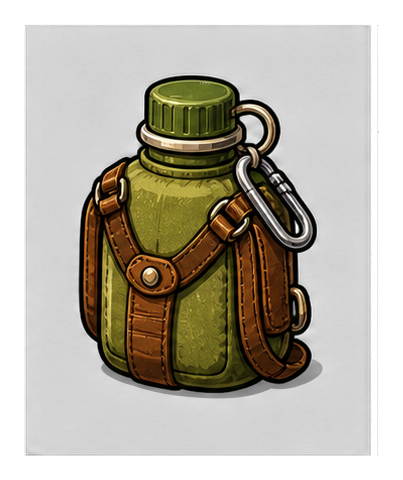 Green desert canteen with brown straps and a metal clip on a black background