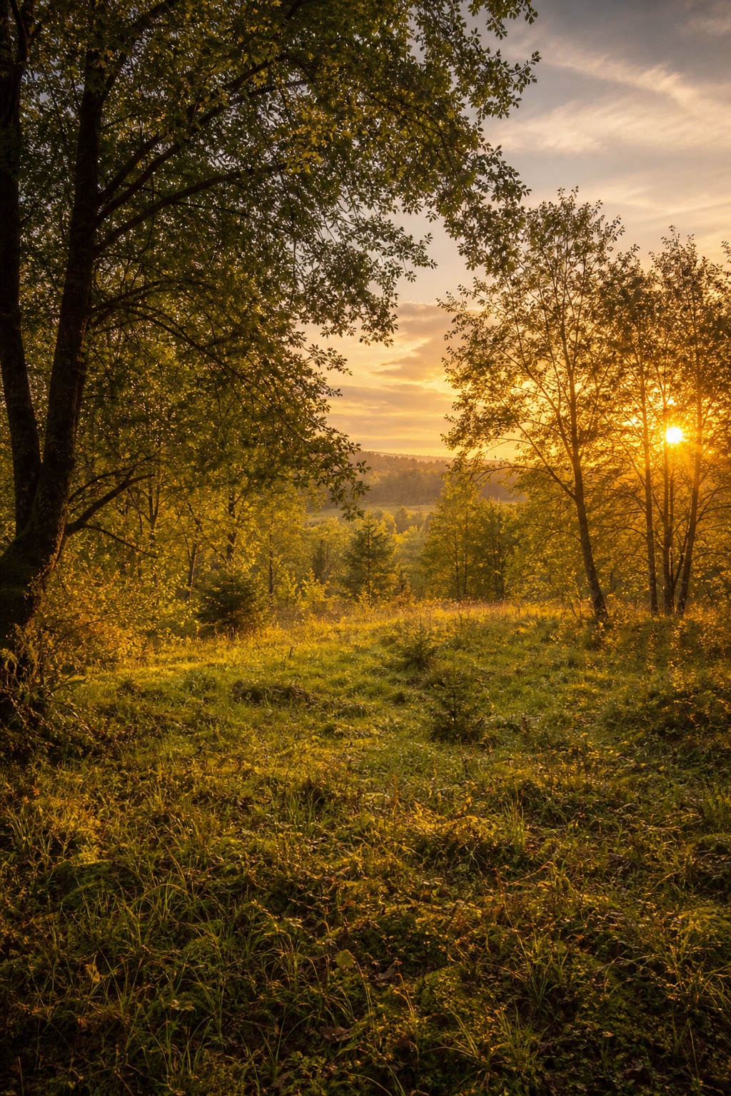 Sunlit forest clearing with trees, tall grass, and a warm sunset sky