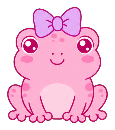Cute pink frog with a bow and rosy cheeks, sitting front-facing.