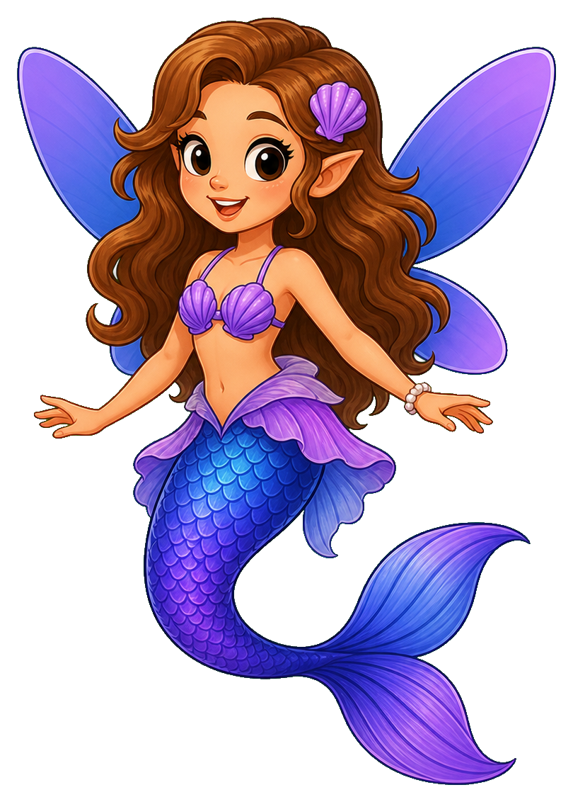 Smiling mermaid fairy with purple wings, shell top, and blue tail