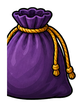 Purple drawstring bag with gold cord tie and ruffled top.