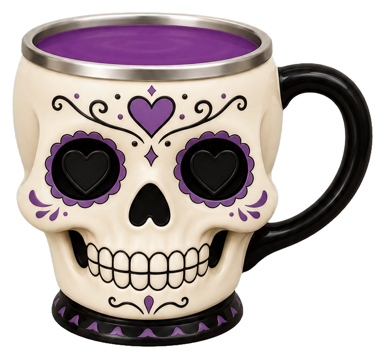 Cream-colored mug shaped like a skull with purple details and a black handle.