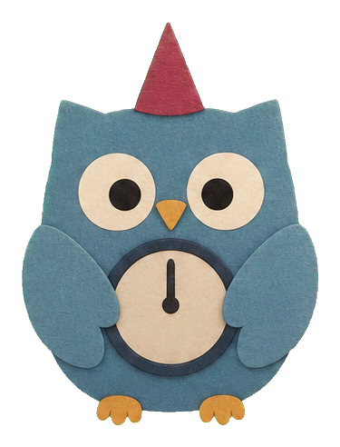 Dusty blue owl with a clock body and small red party hat