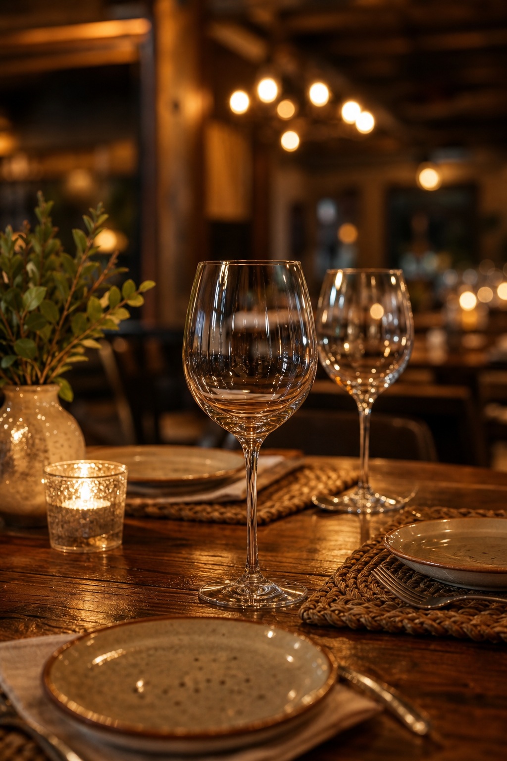 Wine glasses, plates, candlelight, and a rustic wood restaurant table with warm bokeh lights