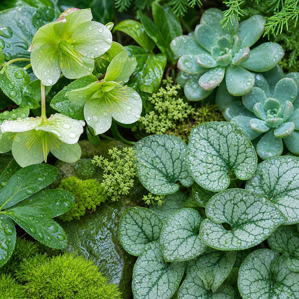 Close-up of fresh green leaves with rain droplets and mossy garden textures.