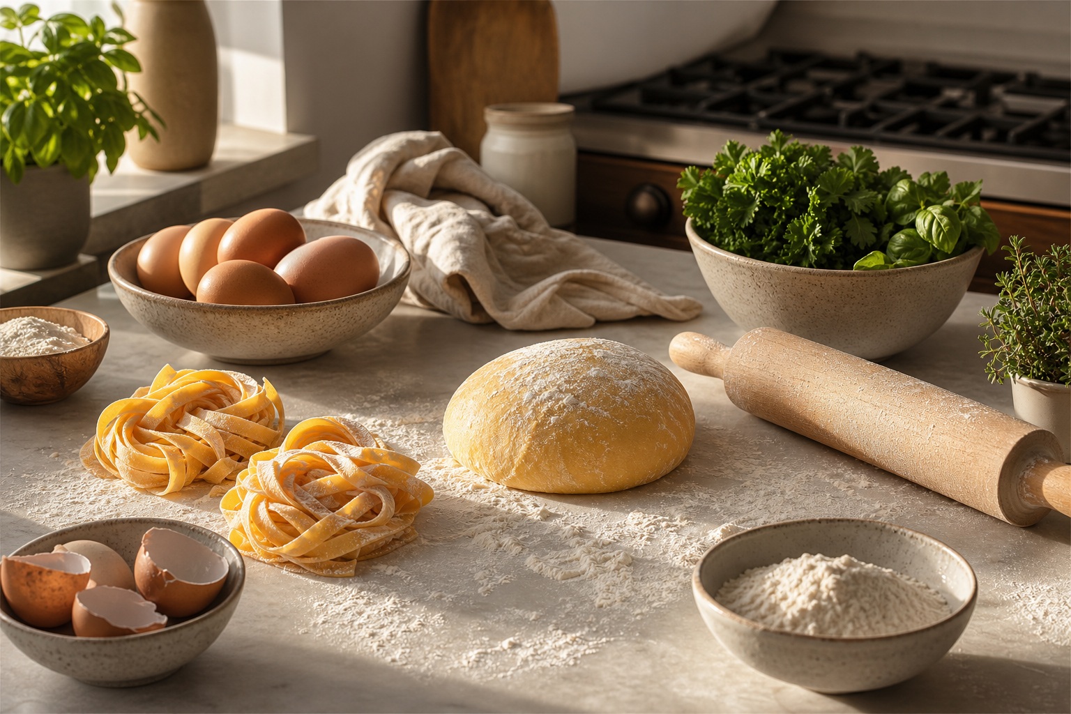 Rustic kitchen counter with dough, eggs, flour, pasta, and fresh herbs in natural light