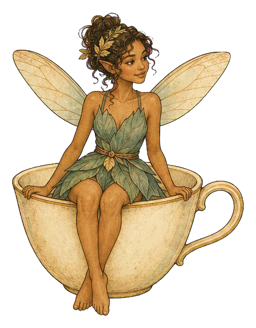 A fairy with wings sitting inside a teacup nest wearing a leafy dress