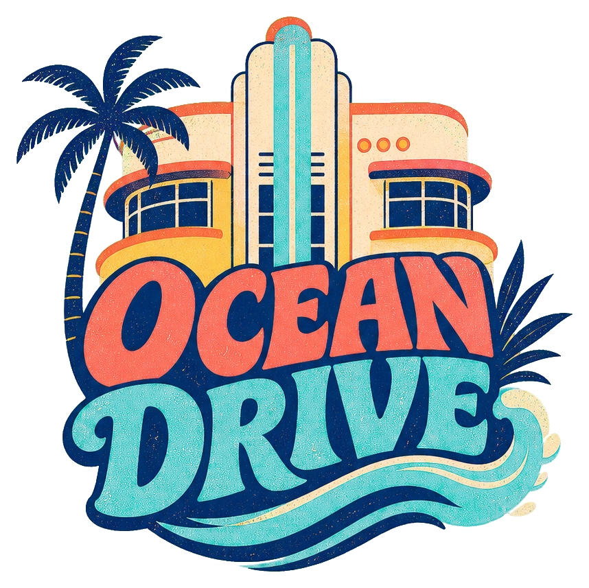 Colorful Ocean Drive text sticker with art deco building, palm trees, and waves
