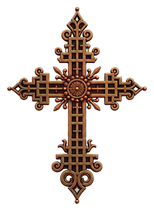 Ornamental Ethiopian stepped cross with detailed brown and gold geometric patterns.