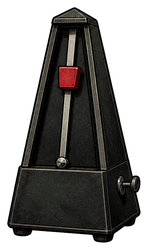 Black mechanical metronome with a red center slider and metal pendulum knob