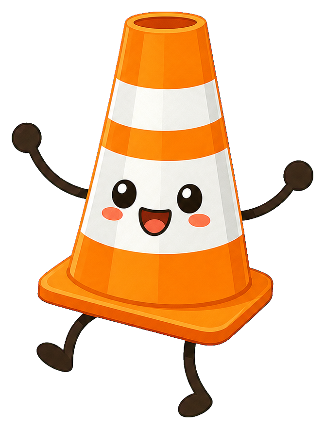 Cute orange traffic cone with a smiling face and dancing arms and legs