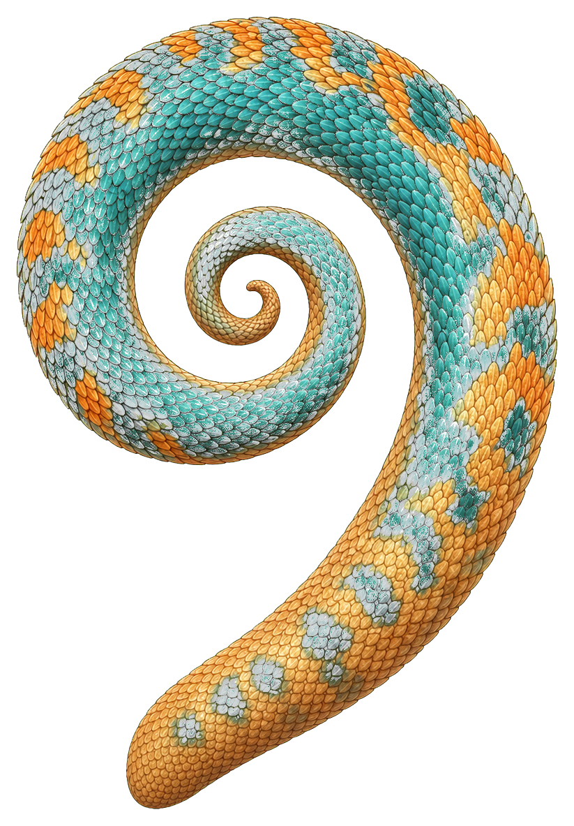 Colorful lizard tail curled into a spiral shape on a transparent background