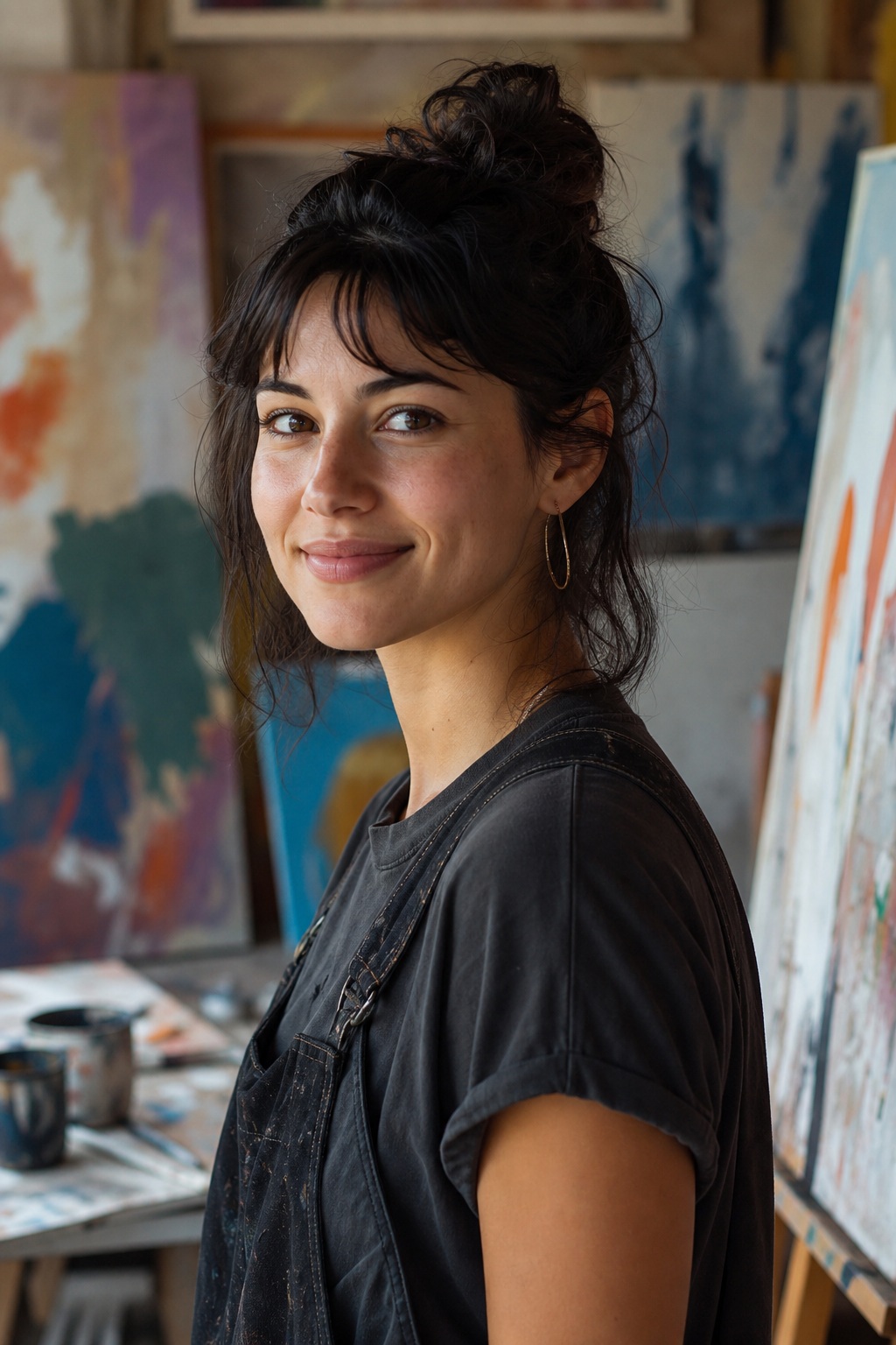 Woman standing in a studio with abstract paintings in the background.