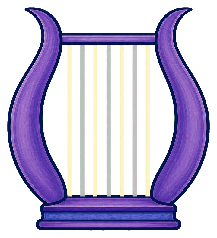 Purple lyre with crescent-shaped sides and pale vertical strings