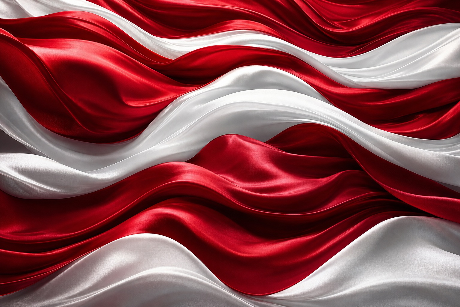 Flowing red and white fabric ribbons forming an abstract layered background.