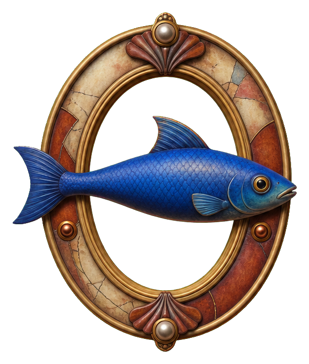 A blue fish swimming inside an ornate oval window frame