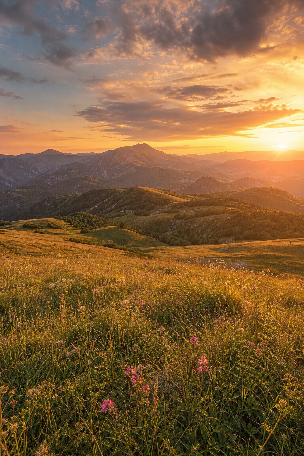 Sunset light over grassy mountain meadows with distant hills and wildflowers