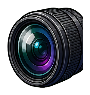 Shiny camera lens sticker with dark ridged edges and colorful reflections