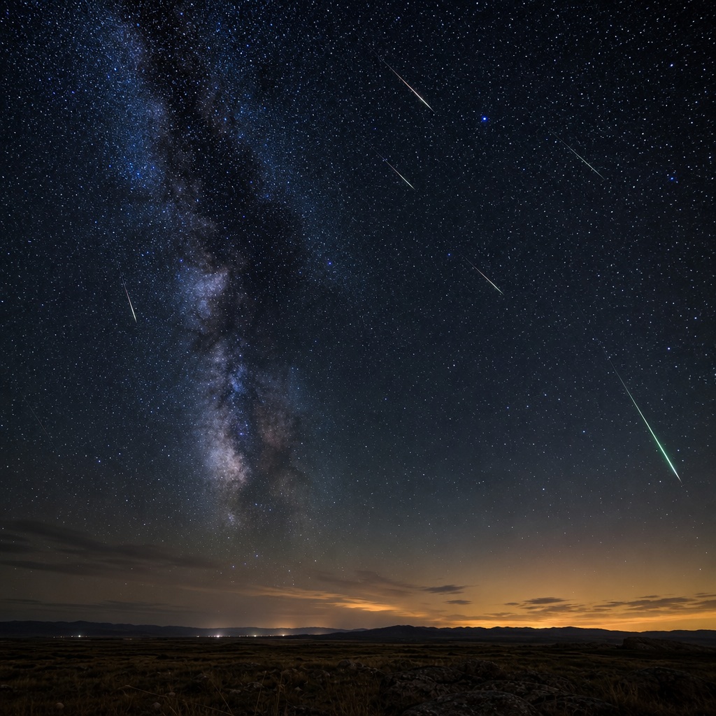 A starry night sky with a meteor streak above a dark landscape and glowing horizon.