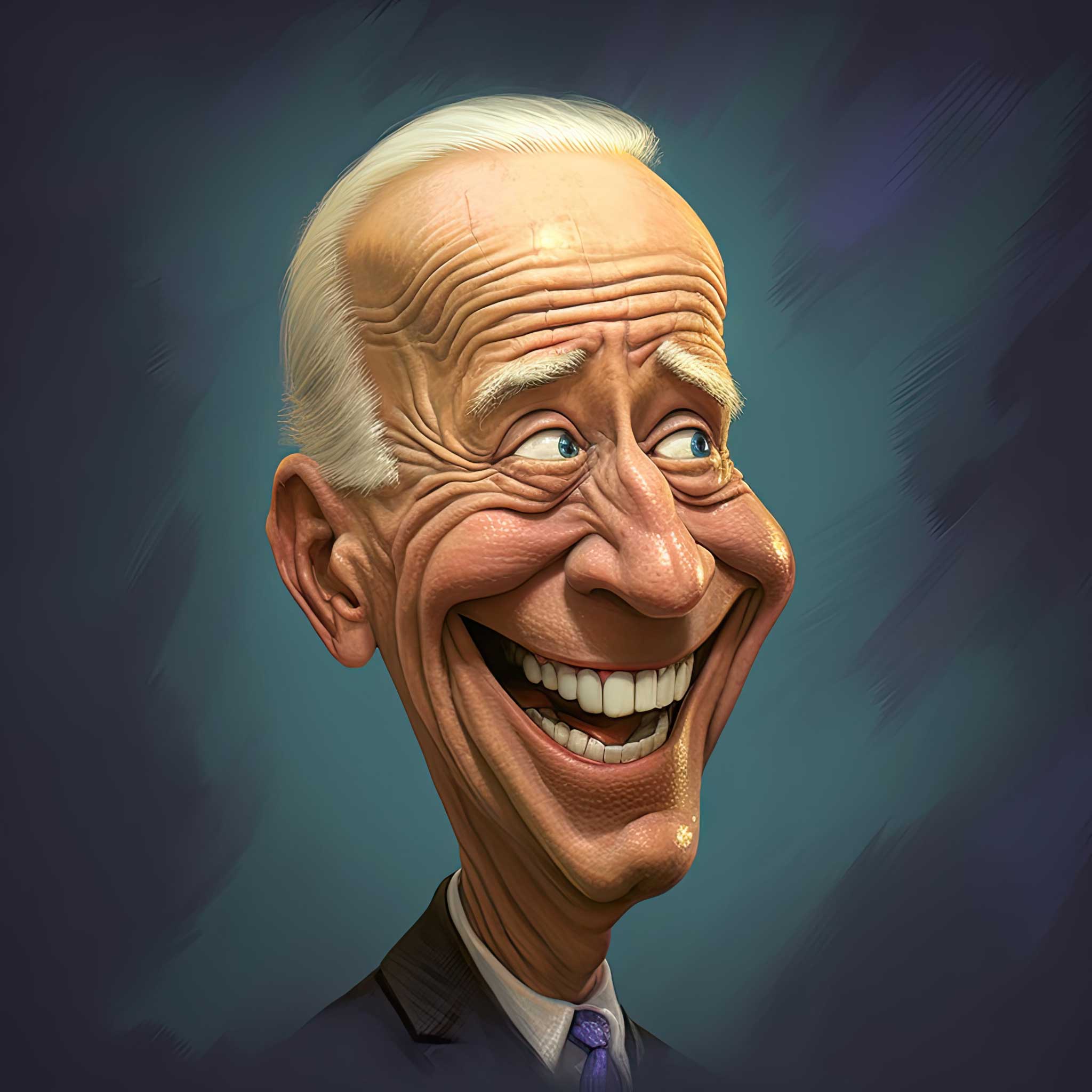 Caricature of a smiling older man with a wide grin and raised eyebrows.