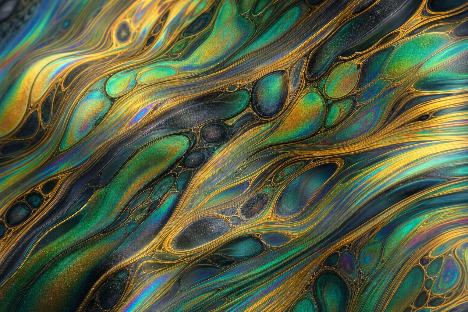 Iridescent gold and emerald oil slick texture with flowing ribbon-like cells