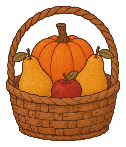 Basket filled with pumpkins and a small apple in a cozy harvest illustration