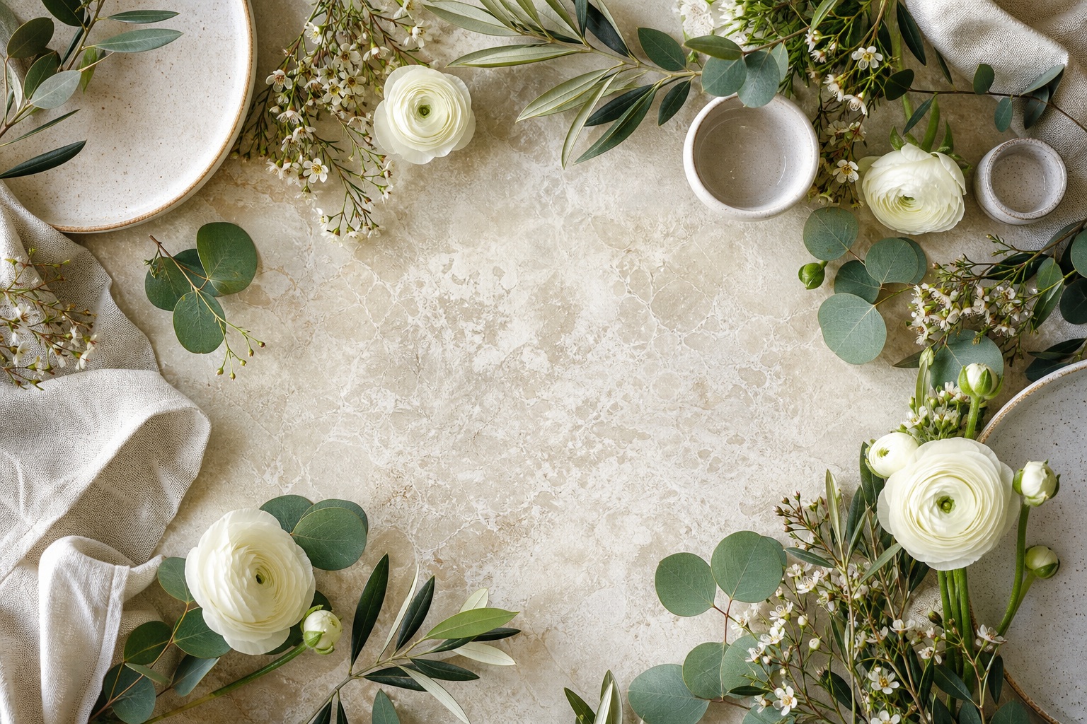 Top-down wedding table scene with eucalyptus greenery, white flowers, cups, and linen texture