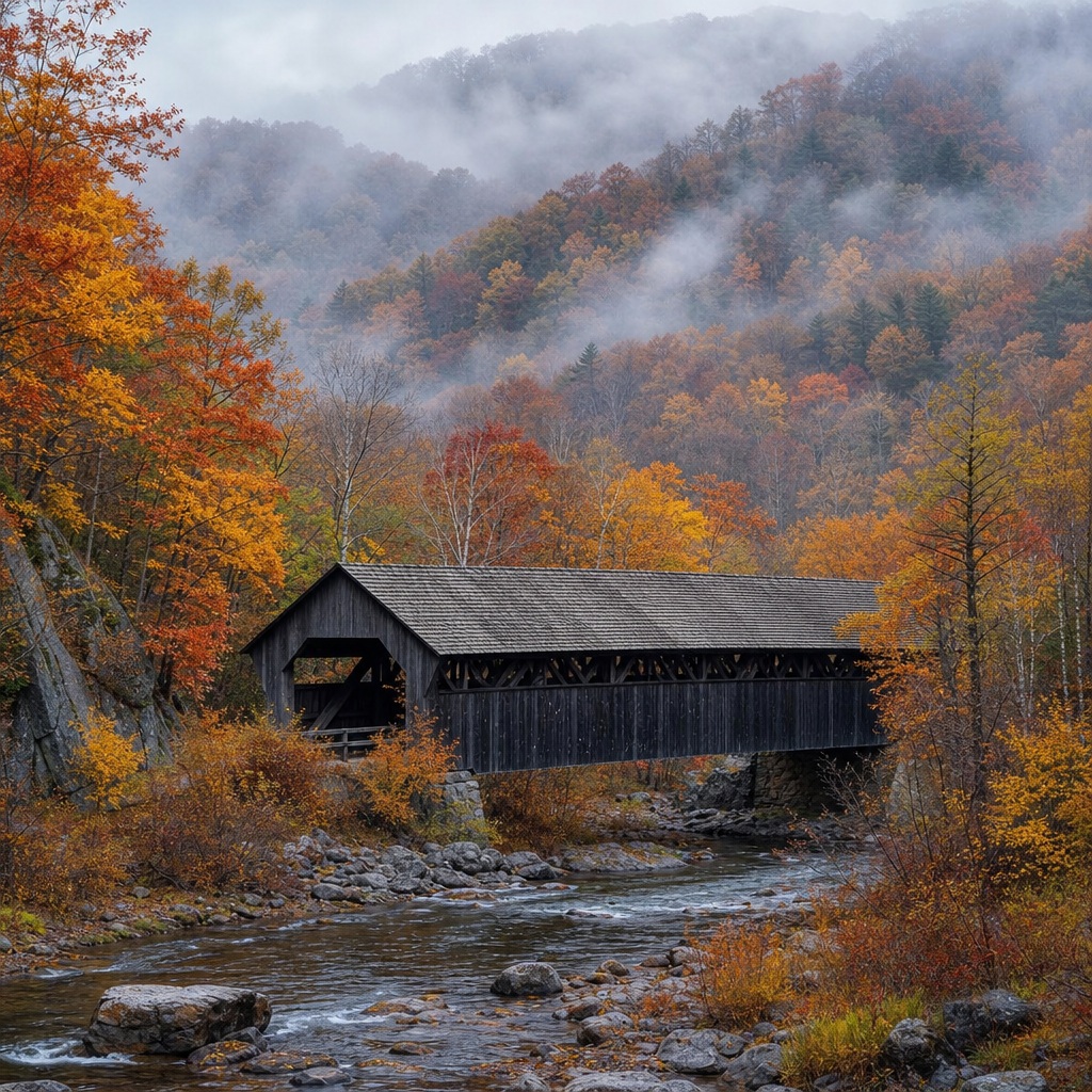 Covered bridge beside a river in a misty autumn hillside landscape.