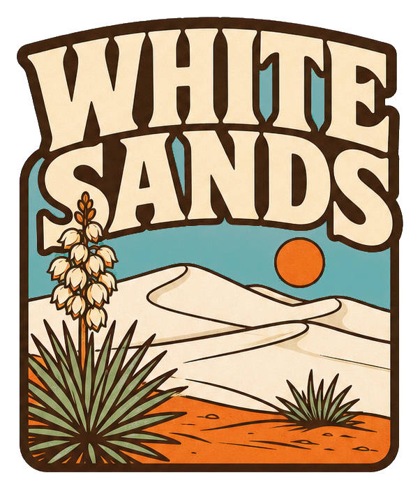 Retro White Sands text over desert dunes with yucca plants and an orange sun.