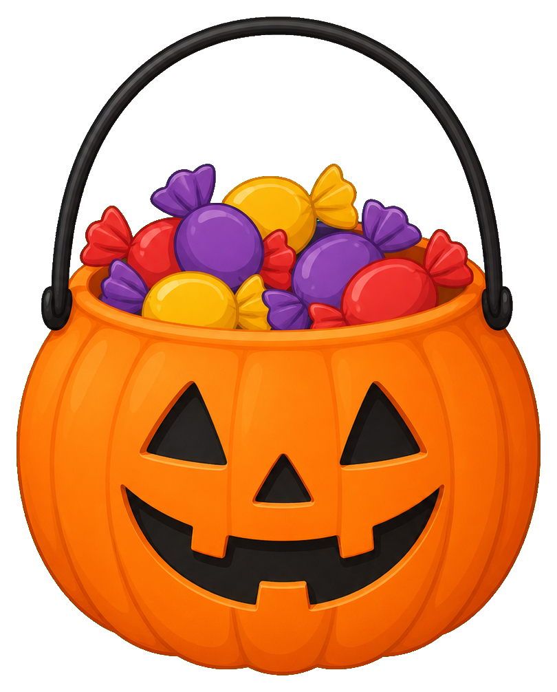 Orange jack-o'-lantern bucket filled with colorful candy and topped with a black handle.