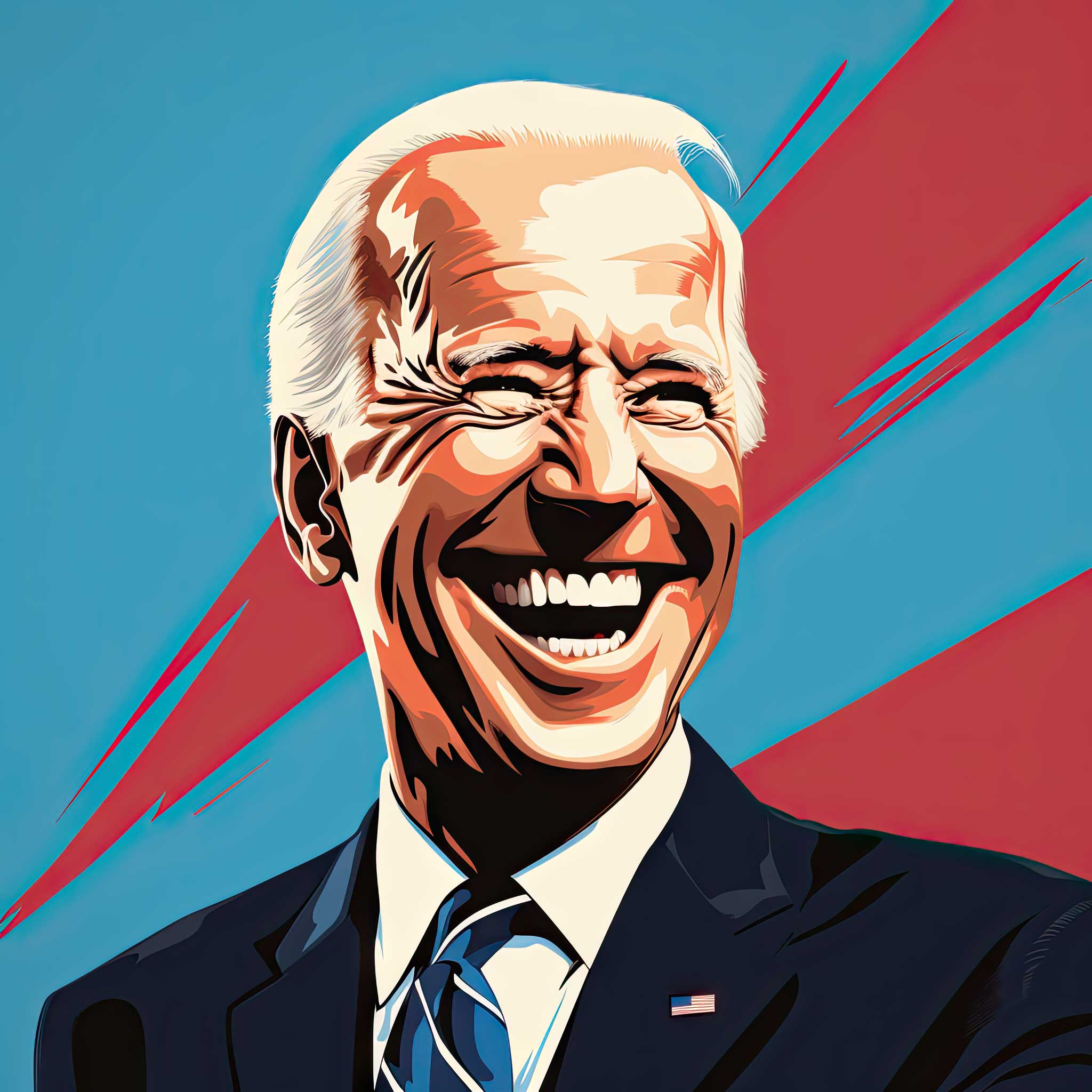 Stylized portrait of Joe Biden smiling against a bold blue and red background.