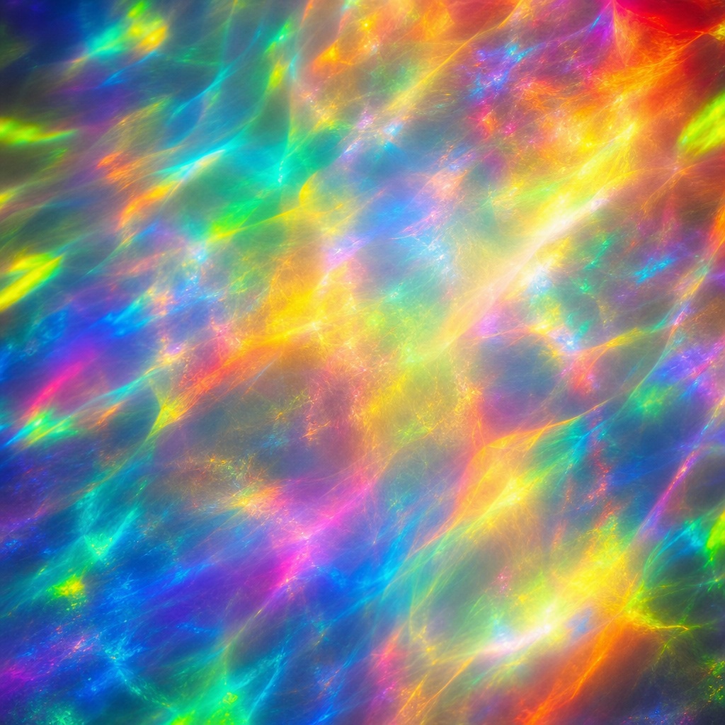Abstract rainbow light streaks and prismatic color blooms across a dark background.