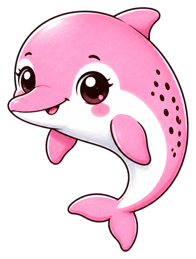 Cute pink dragonfruit dolphin sticker with big eyes and a smiling face