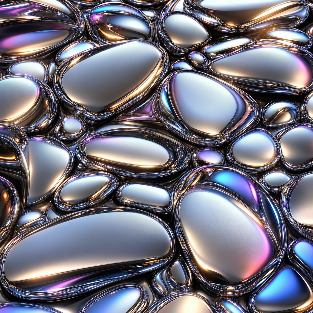Glossy chrome-like 3D abstract shapes with reflective liquid surfaces