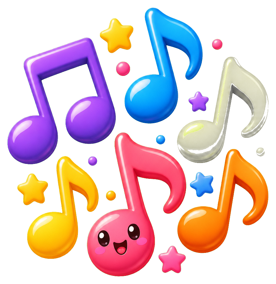 Colorful rainbow music notes with a smiling pink note and small star accents.