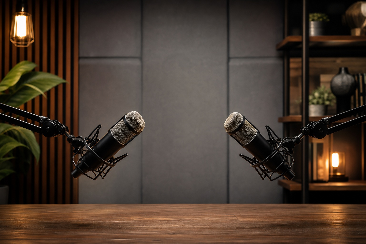 Two microphones on stands facing a wooden desk in a warm podcast studio