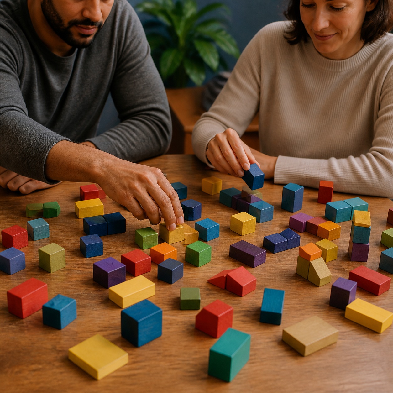 Two people arranging colorful wooden blocks on a table.