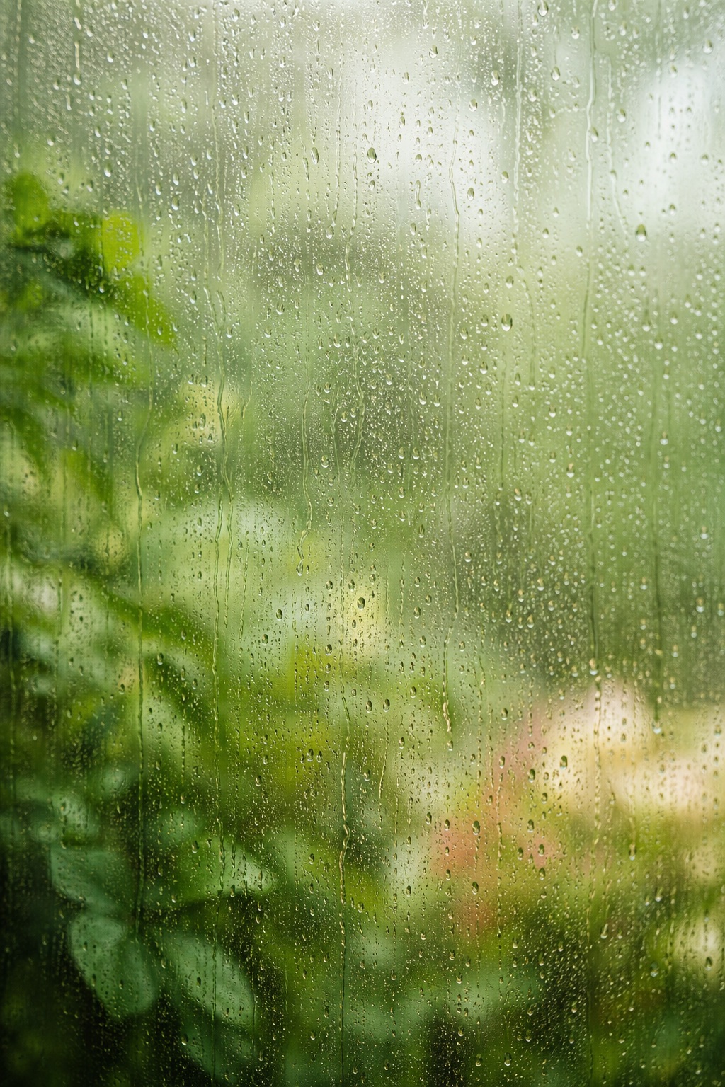Rain-speckled window with blurred green foliage and soft light bokeh in the background