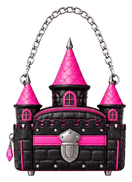 Pink and black castle-shaped handbag with chain handles and pointed towers